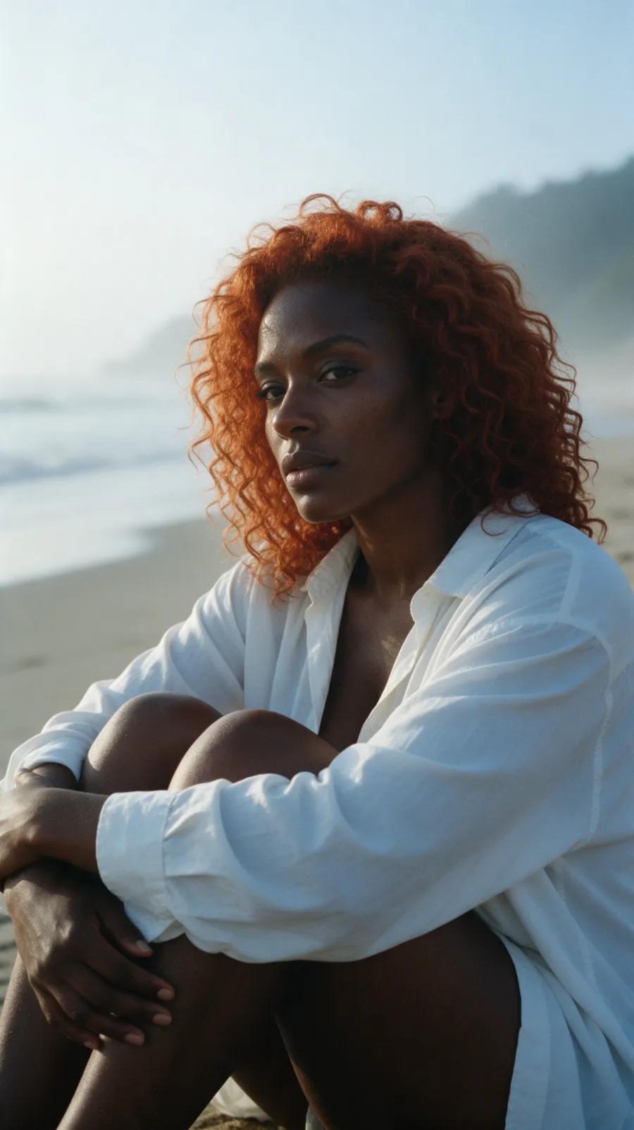 Jamaican woman with copper curls seated on a pale, misty beach