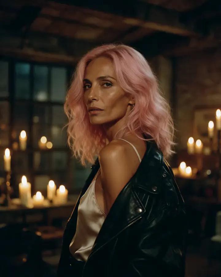 Greek woman with pink waves and a leather jacket in amber loft light