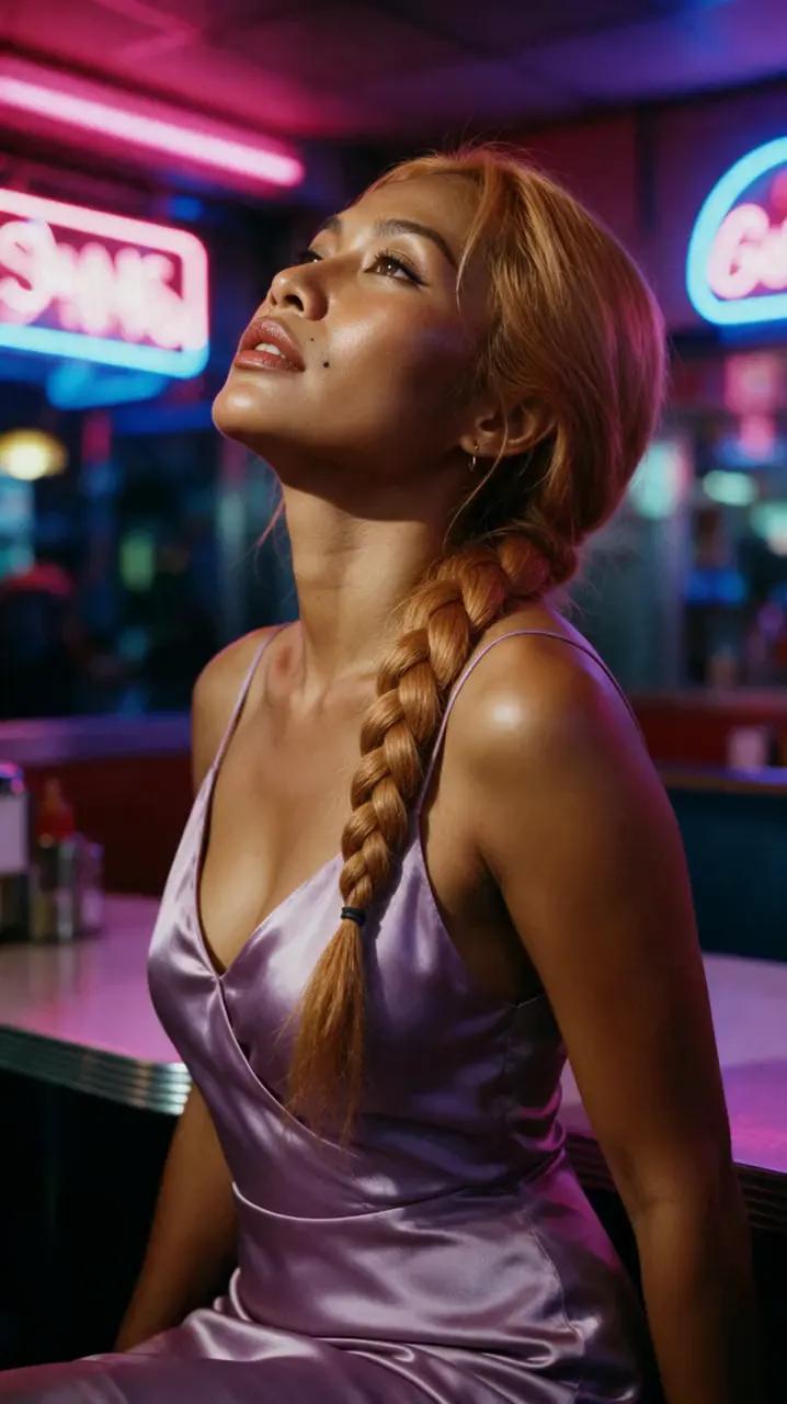 Thai woman in lilac silk tilting toward magenta and blue neon