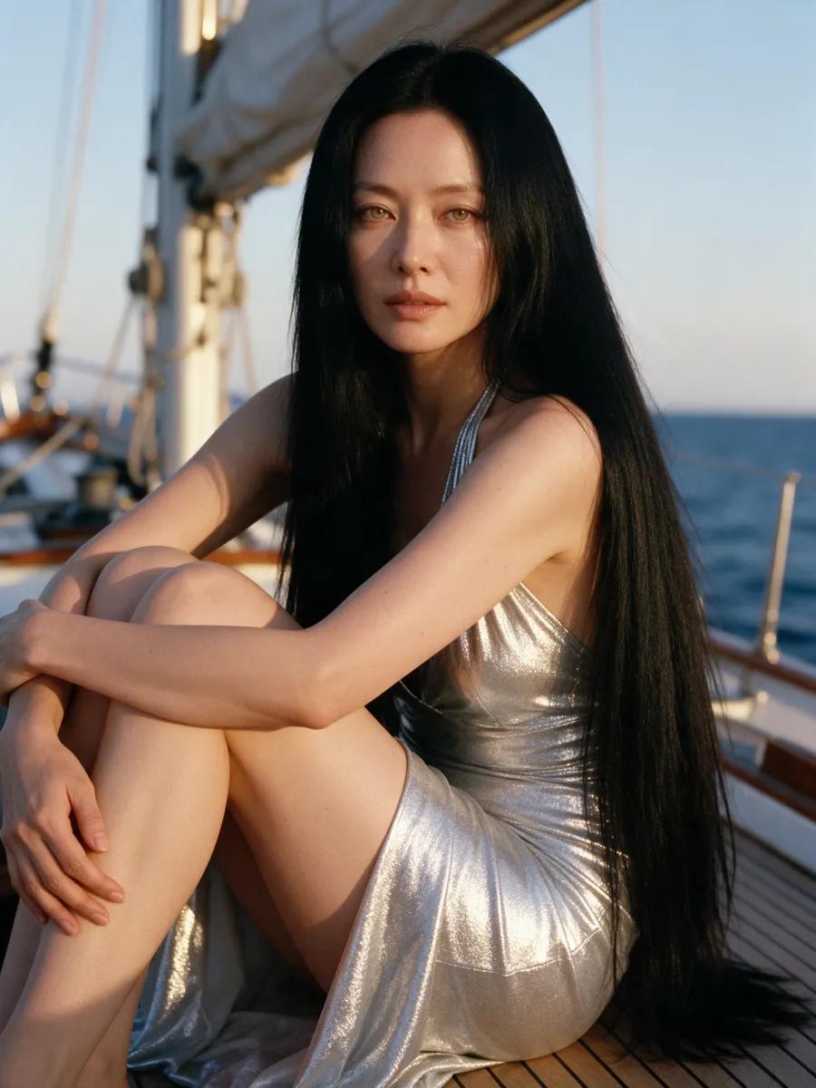 Cinematic film still, photorealistic, shot on 35mm film, natural skin texture, rich contrast, shallow depth of field: a 38-year-old Korean w