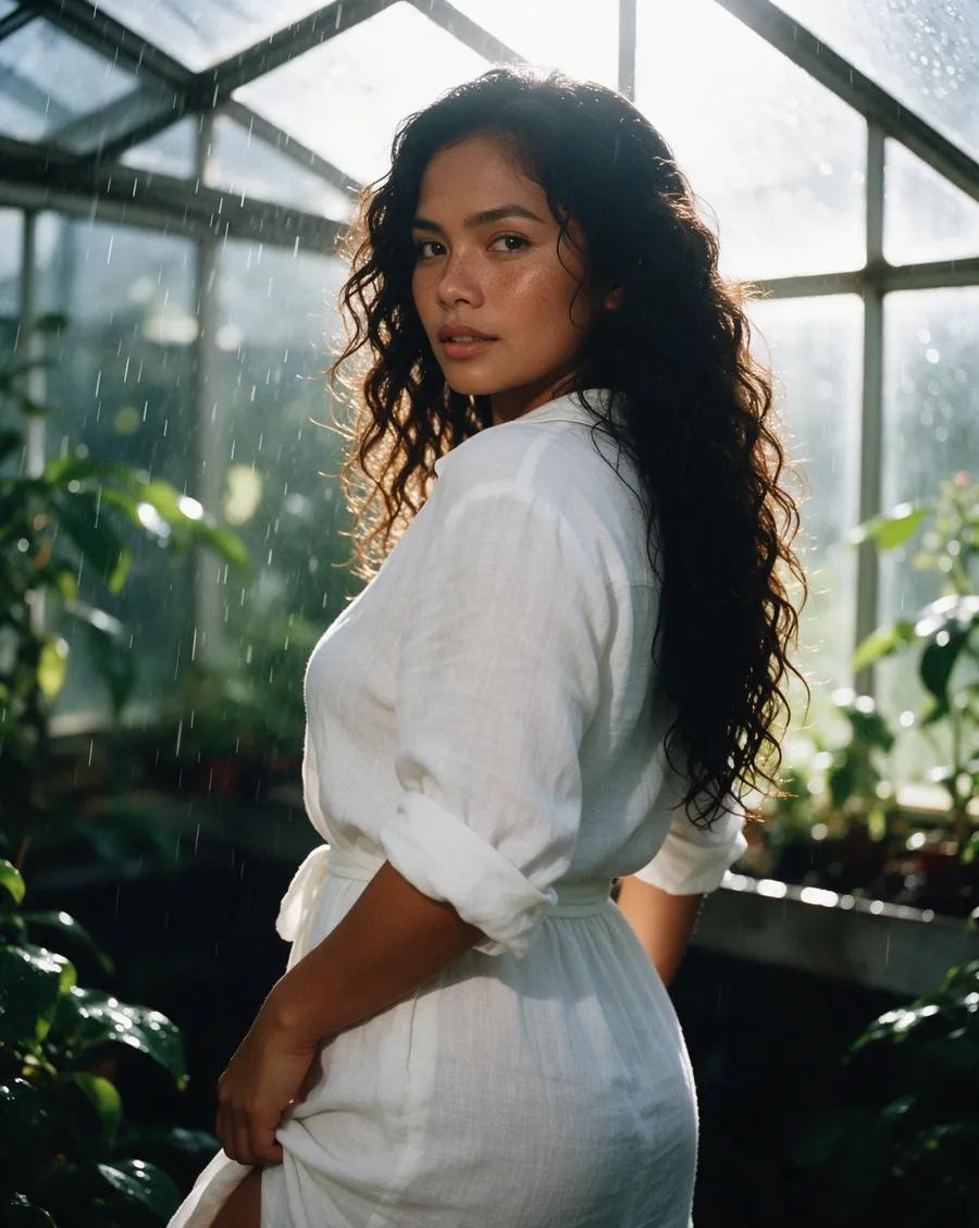 Cinematic film still, photorealistic, shot on 35mm film, natural skin texture, rich contrast, shallow depth of field: a 25-year-old Filipina