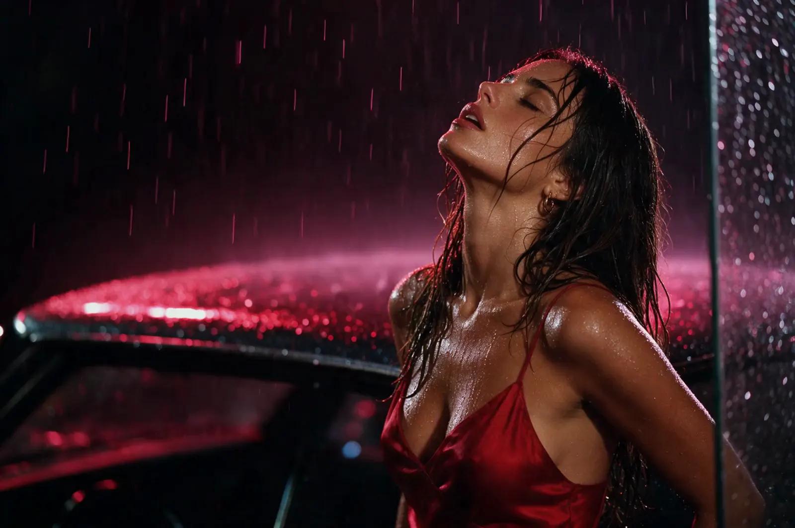 Woman in a red satin dress standing in neon rain