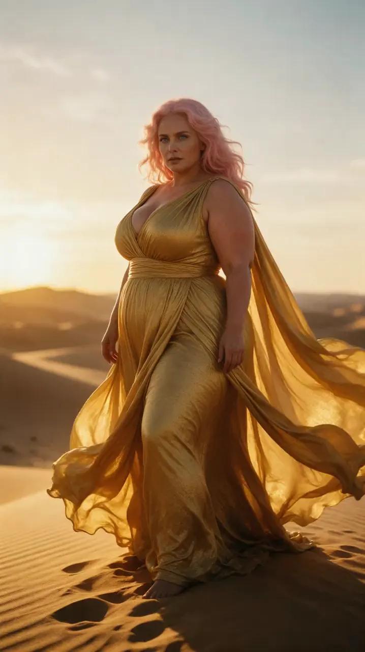 Pink-haired woman in a flowing golden gown standing on a sunset dune