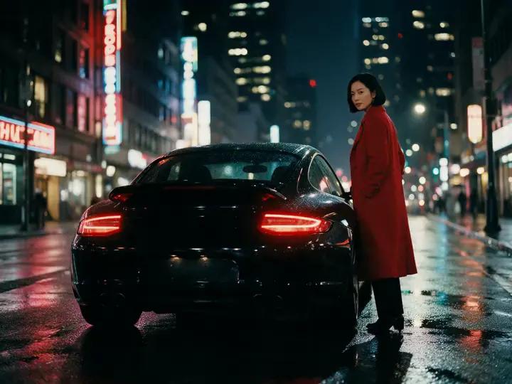 Woman in a red coat turns beside a black sports car in rain.