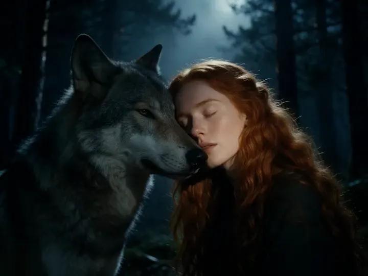Copper-haired woman rests against a grey wolf in a moonlit forest.