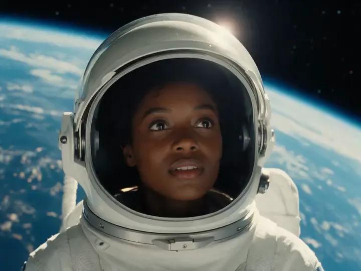 Black astronaut looks upward as sunlight crosses her helmet above Earth.