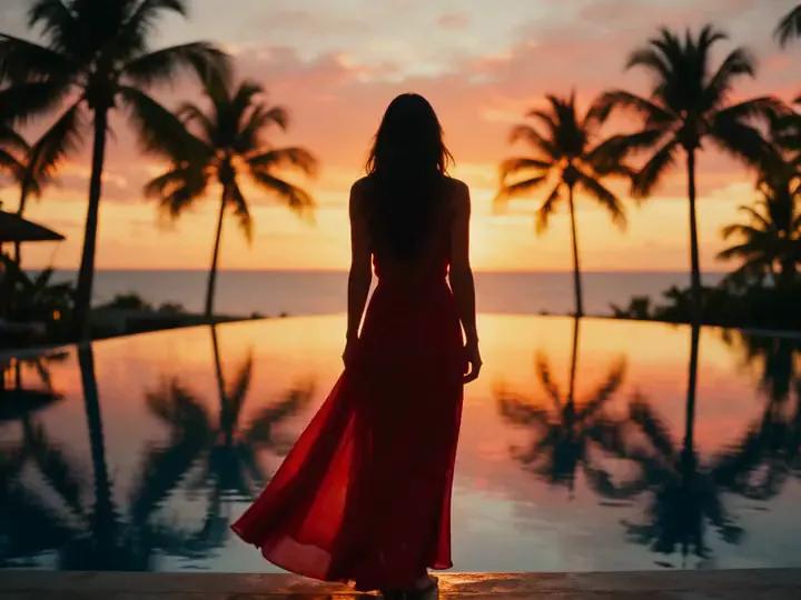 Woman in a flowing red dress watches a tropical infinity pool shimmer.