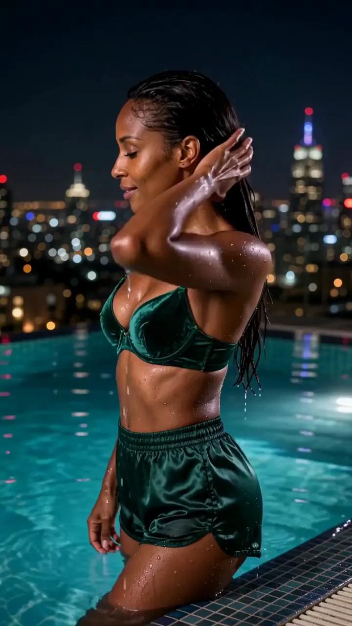 Turquoise pool light crosses emerald velvet as she gathers her wet hair over one shoulder.