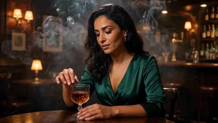 Moroccan woman stirs a drink beneath amber light in a smoky jazz bar