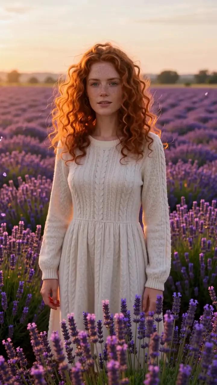 Irish woman stands among windblown lavender in copper sunset light
