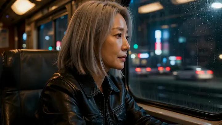 Korean woman turns from streaking city lights inside a nighttime train compartment