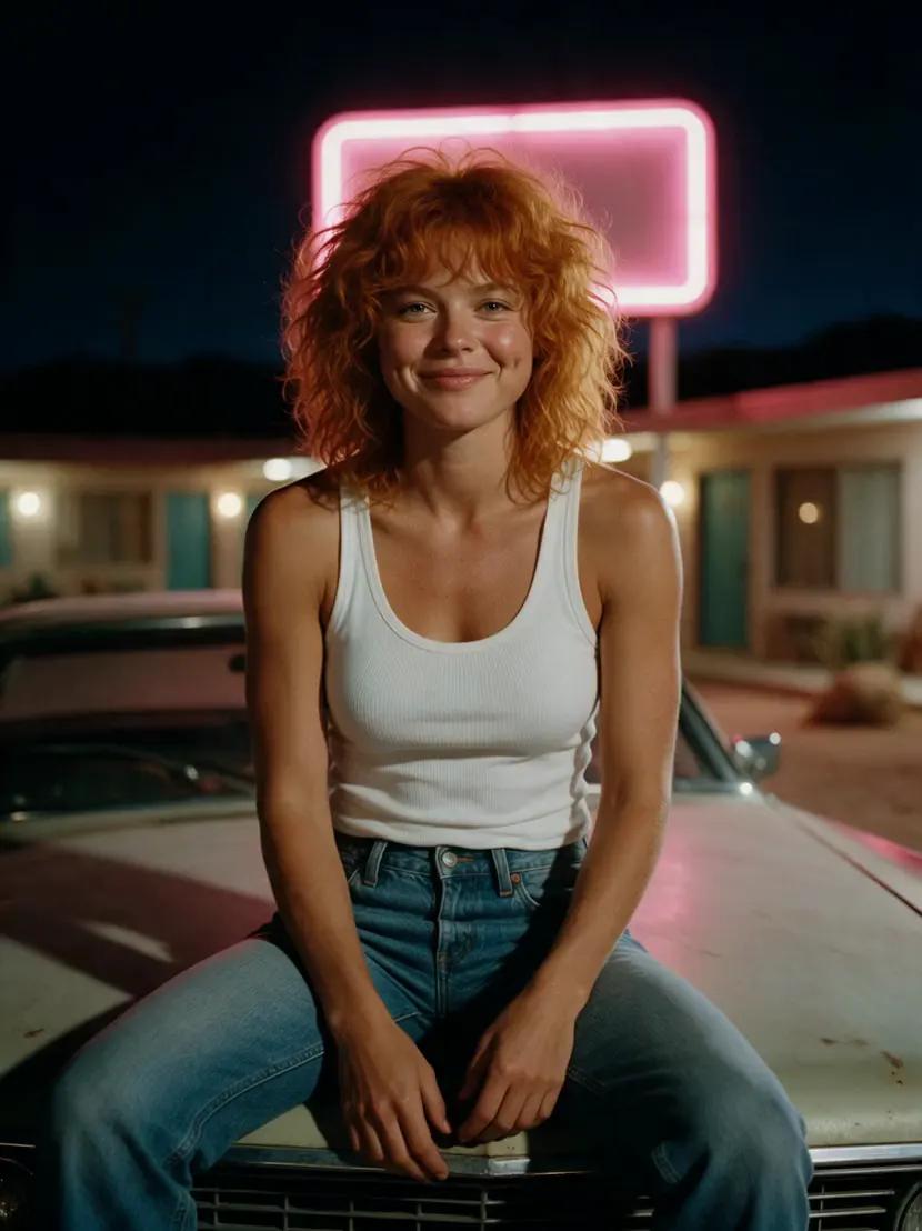Woman illuminated by cinematic neon light