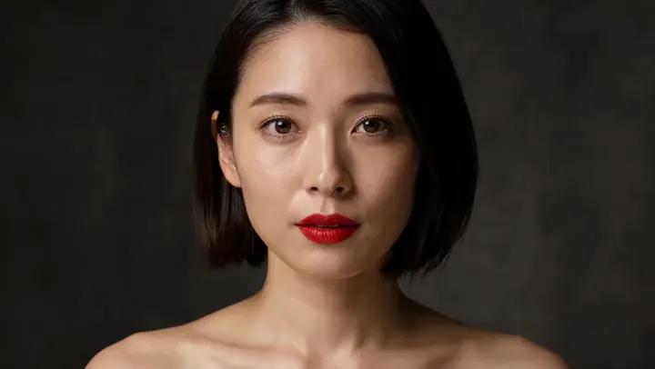 Japanese woman with a sleek black bob smiles slowly at a static camera