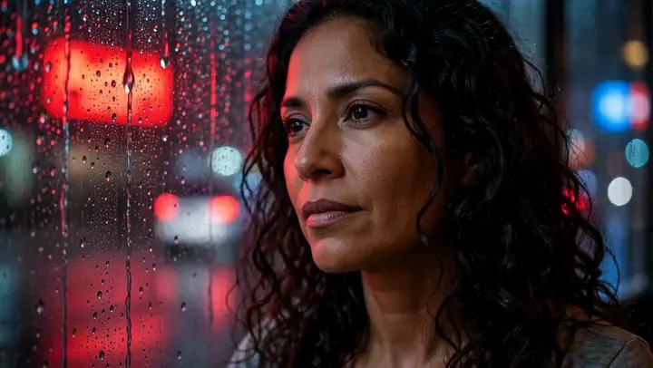 Mexican woman stands behind rain-streaked glass under flickering red and blue neon