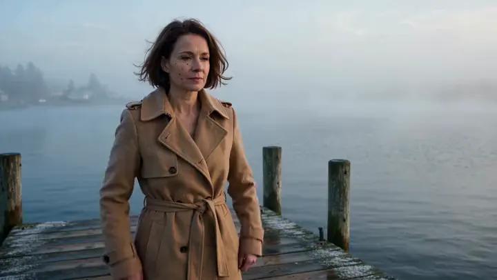 Polish woman in a trench coat stands alone on a foggy pier at dawn