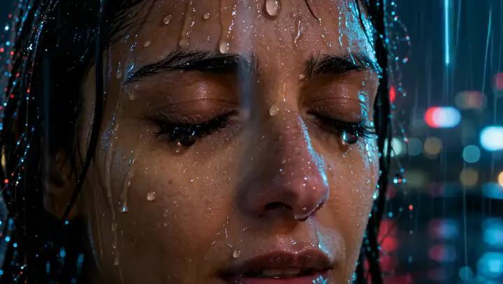 Rain streaks across an Egyptian woman’s face as neon reflections play over her skin