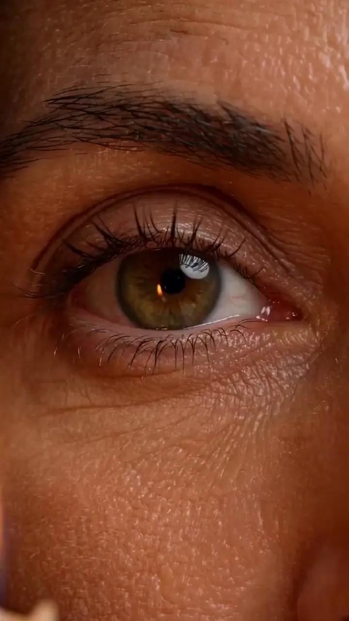 Amber eyes blink and respond softly to a nearby candle flame