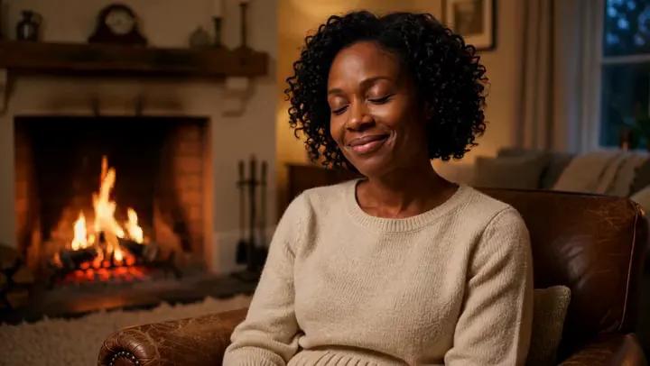 Firelight flickers across a Jamaican woman’s face beside a fireplace
