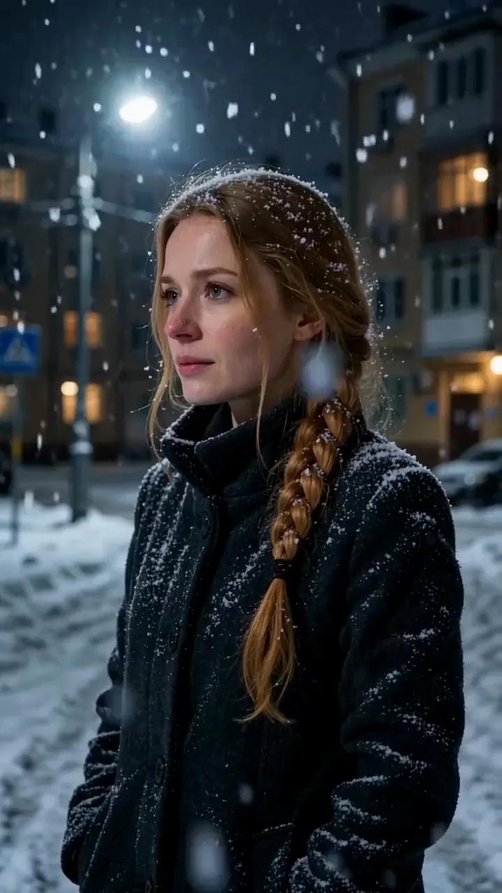 A Ukrainian woman’s breath drifts through falling snow on a winter night