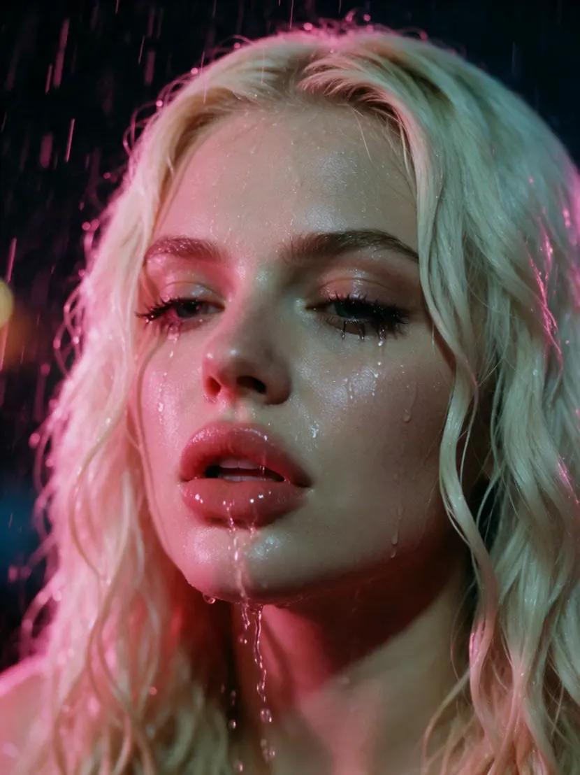 Cinematic close-up with rain and neon reflections