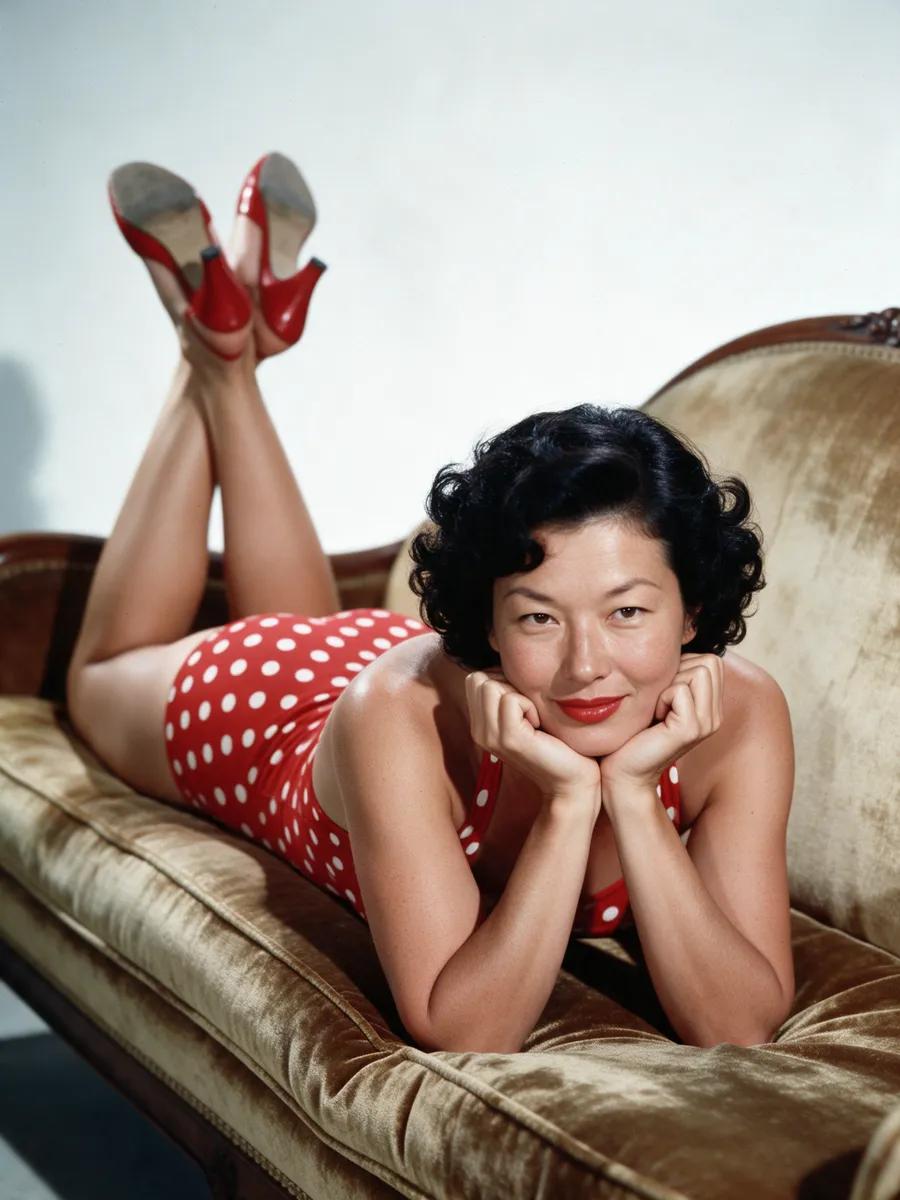 Fictional pin-up model posing on a velvet sofa in bright retro lighting